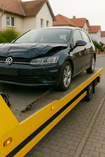Defektes Fahrzeug wird in Bruchsal zum Autoankauf abgeschleppt.